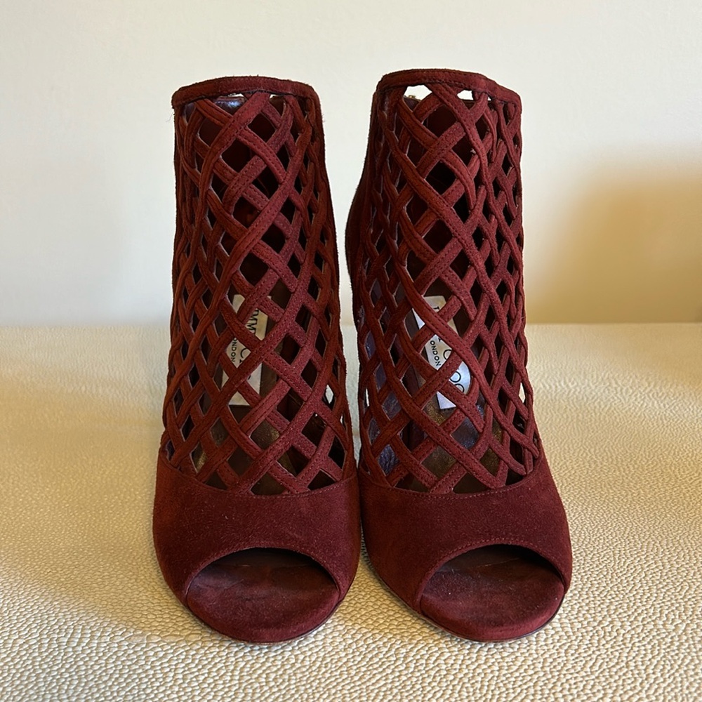 Jimmy Choo Dane Peep Toe Caged Heeled Booties Red Burgundy Size 37 or 6.5
